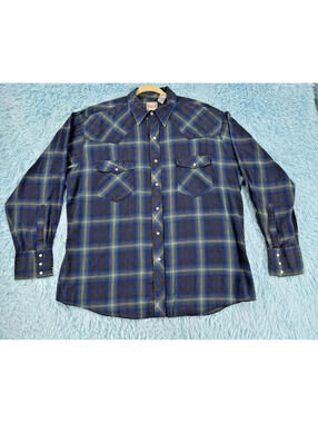 Western Plains Trading Co XL Pearl Snap Shirt Blue Green Striped Long Sleeve